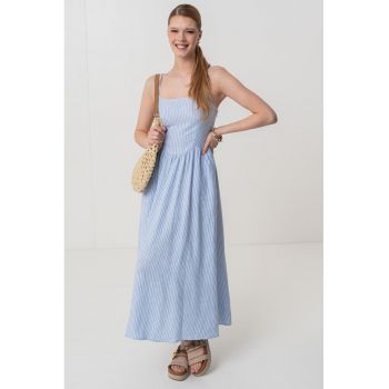 Rochie maxi evazata din amestec de in cu bretele inguste ajustabile