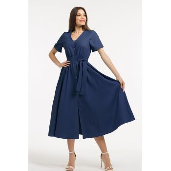 Rochie midi cu croiala evazata si cordon in talie
