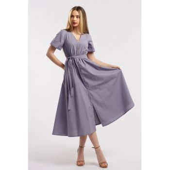 Rochie midi cu croiala evazata si cordon in talie