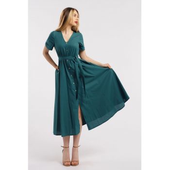 Rochie midi cu croiala evazata si cordon in talie
