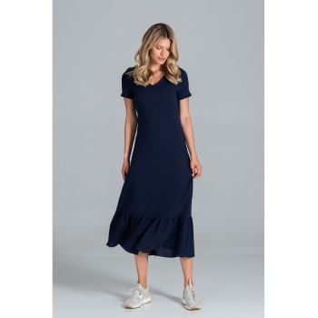 Rochie midi  volane - maneci scurte - bleumarin - bumbac ieftina