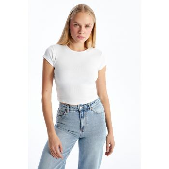 Tricou crop din amestec de bumbac cu aspect striat