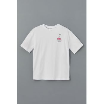 Tricou de bumbac cu imprimeu si decolteu la baza gatului