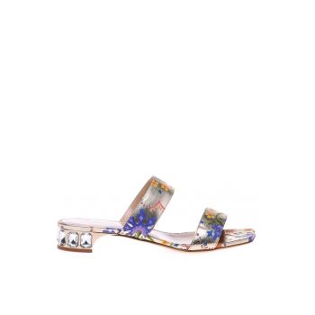 Papuci de piele cu toc si model floral