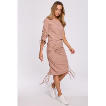 Rochie asimetrica - pe un umar - Roz prafuit - ieftina Rochie asimetrica - pe un umar - Roz prafuit - ieftina