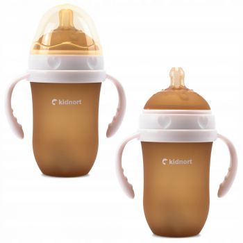 Biberon anti-colici pentru bebelusi de la 6 luni Kindnort Eple, nivel de debit 5, cu pai moale din silicon si biluta gravitationala incorporata, maner ergonomic detasabil, capacitate 250 ml, BeigePink