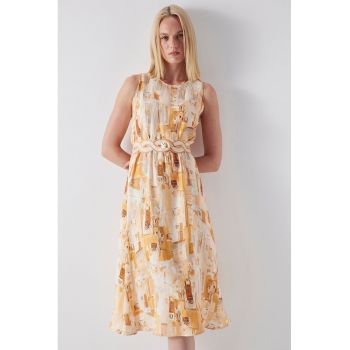 Rochie din amestec de in - cu imprimeu si decolteu rotund