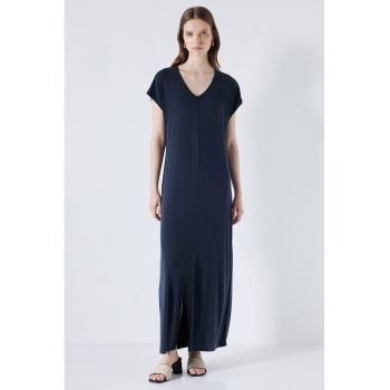 Rochie din amestec de modal cu croiala dreapta si slit frontal