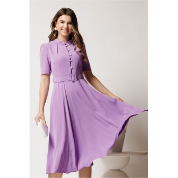 Rochie DY Fashion midi lila in clos din triplu voal cu nasturi la bust si curea in talie ieftina