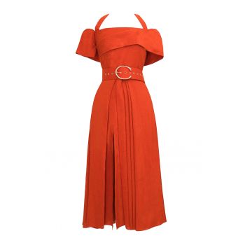 Rochie halter midi cu decolteu pe umeri