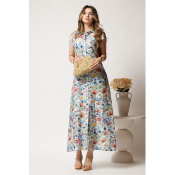 Rochie lunga de zi gri cu flori albastre din in cu croi drept si cordon in talie ieftina