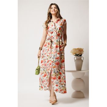Rochie lunga de zi ivory cu flori corai din in cu croi drept si cordon in talie
