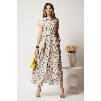 Rochie lunga de zi ivory cu flori verzi din in cu croi drept si cordon in talie