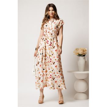 Rochie lunga de zi ivory cu frunze maro din in cu croi drept si cordon in talie ieftina