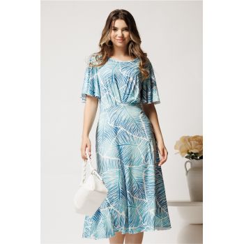 Rochie midi alba cu imprimeu albastru din viscoza in clos cu pliuri pe bust
