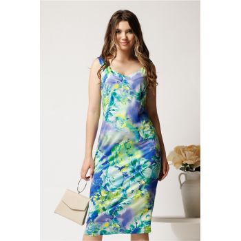 Rochie midi albastra din lycra cu croi drept si imprimeu verde ieftina
