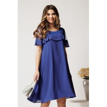 Rochie midi albastra din voal tip A cu tull si buline catifelate la bust ieftina