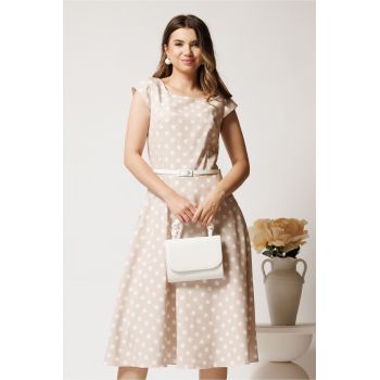 Rochie midi bej cu buline in clos cu buzunare si curea in talie ieftina