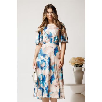 Rochie midi bej cu flori albastre din viscoza in clos cu pliuri pe bust