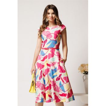 Rochie midi bej cu imprimeu fucsia si galben in clos cu buzunare si curea in talie
