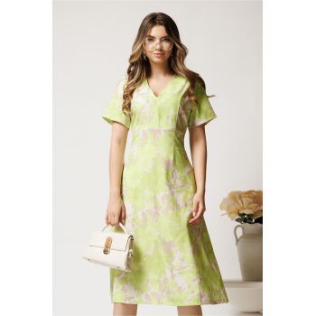 Rochie midi bej cu imprimeu verde neon din viscoza in clini