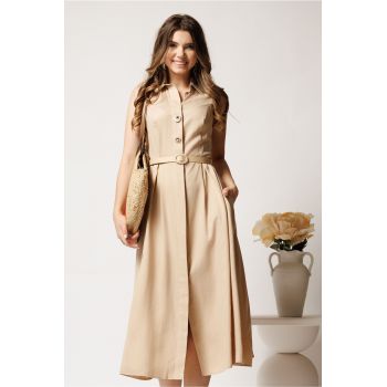 Rochie midi bej din tencel in clos cu nasturi si curea