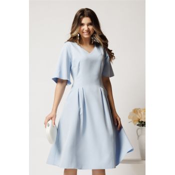 Rochie midi bleu din stofa in clini cu pliuri si buzunare