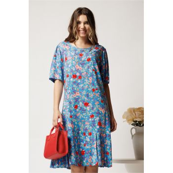 Rochie midi bleu din viscoza cu croi drept si flori roz