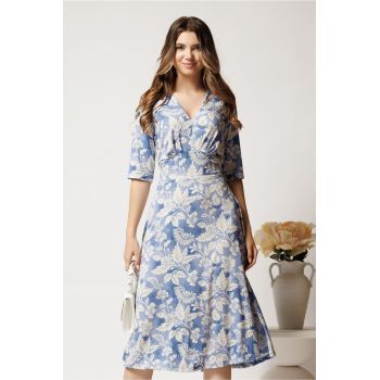 Rochie midi bleu din viscoza in clos cu flori albe ieftina