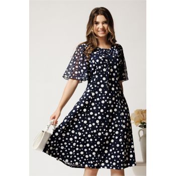 Rochie midi bleumarin din lycra in clini cu buline asimetrice ieftina