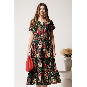Rochie midi bleumarin din viscoza in clos cu flori fucsia si cordon in talie