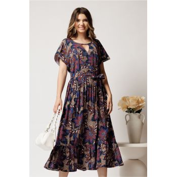 Rochie midi bleumarin din viscoza in clos cu imprimeu maro si cordon in talie ieftina