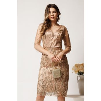 Rochie midi conica bej din tull cu paiete- Ella Collection Ingrid