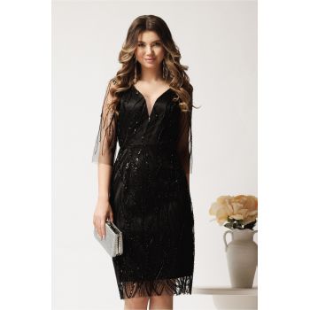 Rochie midi conica neagra din tull cu paiete- Ella Collection Ingrid