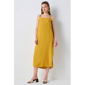Rochie midi din amestec de in cu croiala dreapta