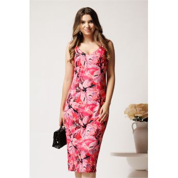 Rochie midi fucsia din lycra cu croi drept si imprimeu lila ieftina