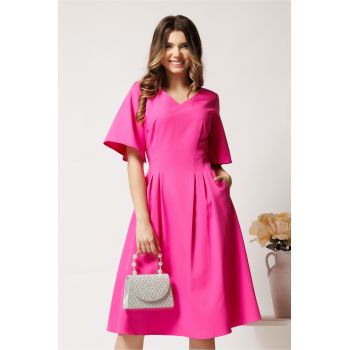 Rochie midi fucsia din stofa in clini cu pliuri si buzunare