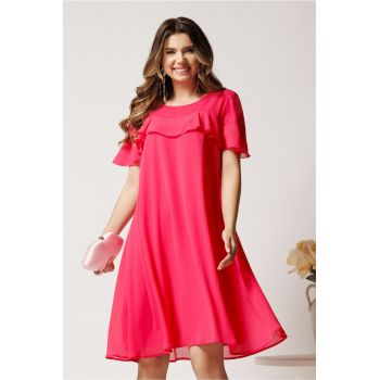 Rochie midi fucsia din voal tip A cu tull si glitter la bust