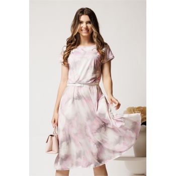 Rochie midi gri cu imprimeu roz din lycra in clos ieftina