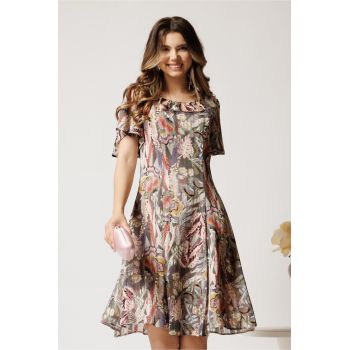 Rochie midi gri cu roz din voal in clin cu fir lurex si decupaje la decolteu ieftina