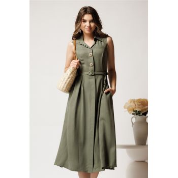 Rochie midi kaki din tencel in clos cu nasturi si curea ieftina