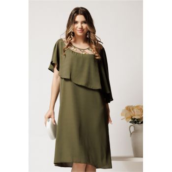 Rochie midi kaki din voal dreapta cu volan si broderie pe bust ieftina