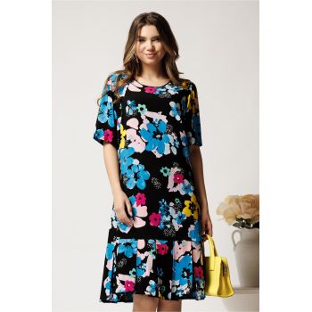 Rochie midi neagra din viscoza cu croi drept si flori albastre