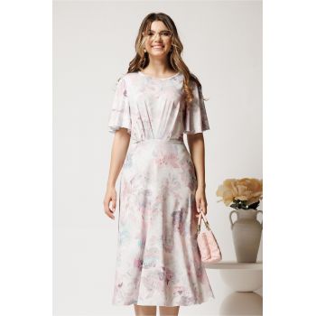 Rochie midi roz cu flori turcoaz din viscoza in clos cu pliuri pe bust ieftina