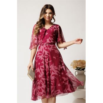 Rochie midi roz din voal cu imprimeu magenta si maneci vaporoase- Viada ieftina