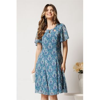Rochie midi turcoaz cu mov din voal in clin cu fir lurex si decupaje la decolteu ieftina