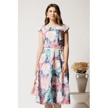 Rochie midi turcoaz cu roz in clos cu buzunare si curea in talie ieftina