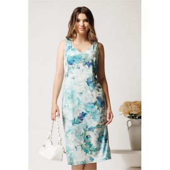 Rochie midi turcoaz din lycra cu croi drept si imprimeu floral ieftina