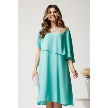 Rochie midi turcoaz din voal dreapta cu volan si broderie pe bust ieftina
