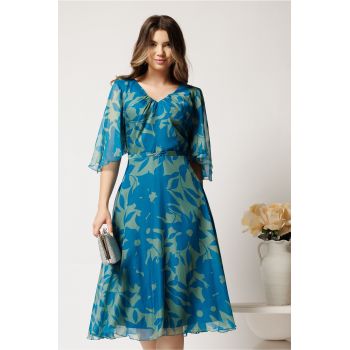 Rochie midi verde din voal cu imprimeu turcoaz si maneci vaporoase- Viada ieftina